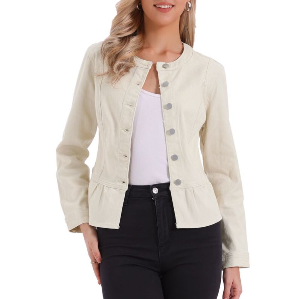 Women's Collarless Peplum Denim Jacket Oyster